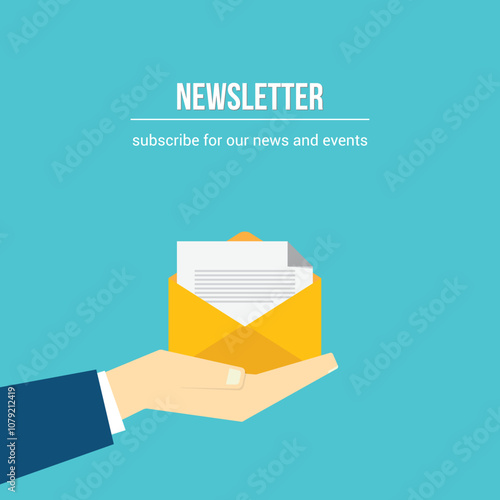 Newsletter. vector illustration of email marketing. subscription to newsletter, news, offers, promotions. a letter and envelope. subscribe, submit. send by mail.