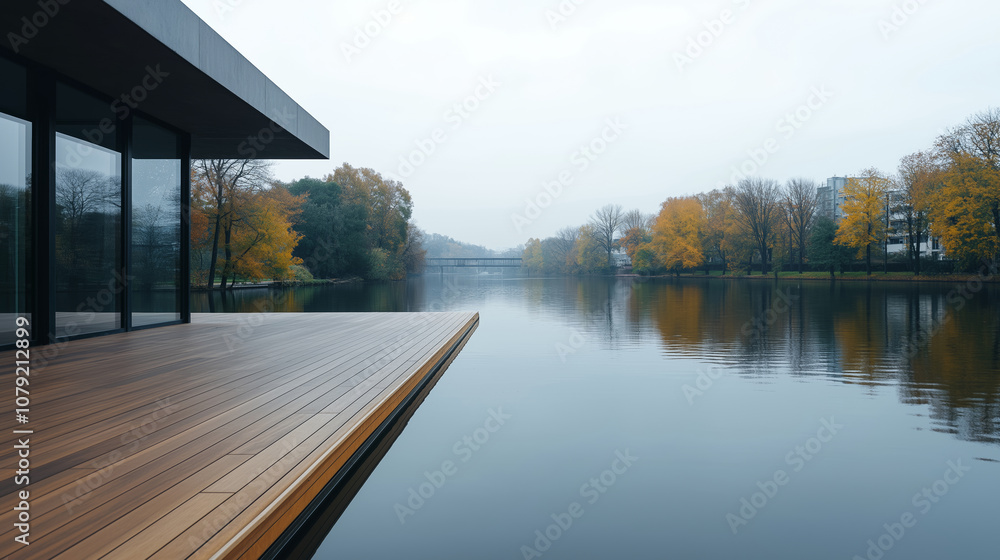 Serene autumn scene featuring a modern house with a wooden deck extending over a calm lake, surrounded by colorful fall foliage and a misty atmosphere Serene autumn scene featuring a modern house with a wooden deck extending over a calm lake, surrounded by colorful fall foliage and a misty atmosphere