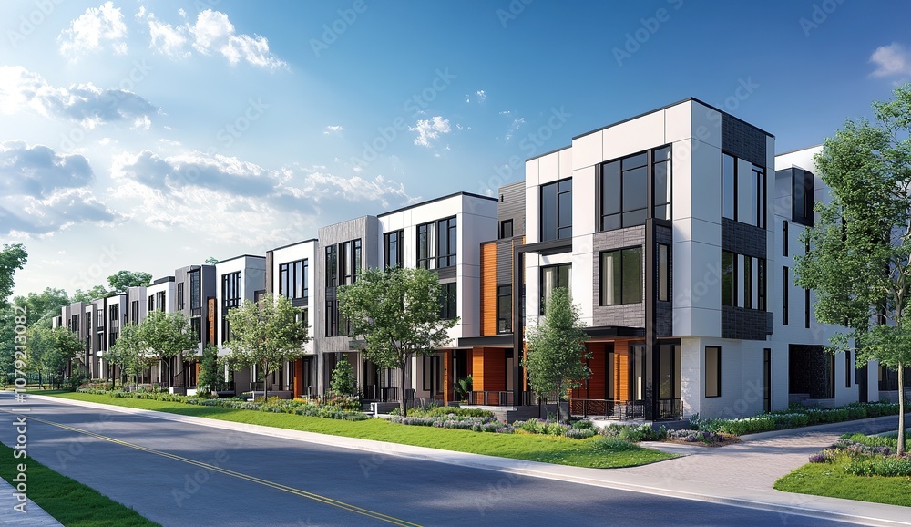 Architectural rendering of a tight cluster of modern townhouses along a long street with trees Architectural rendering of a tight cluster of modern townhouses along a long street with trees