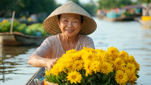 Smiling vietnamese vendor paddling her boat full of yellow flowers on a river in mekong delta, vietnam photo