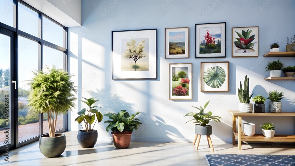 Bright, well-lit home background, with plants and art on a simple wall, conveying professionalism and warmth Bright, well-lit home background, with plants and art on a simple wall, conveying professionalism and warmth