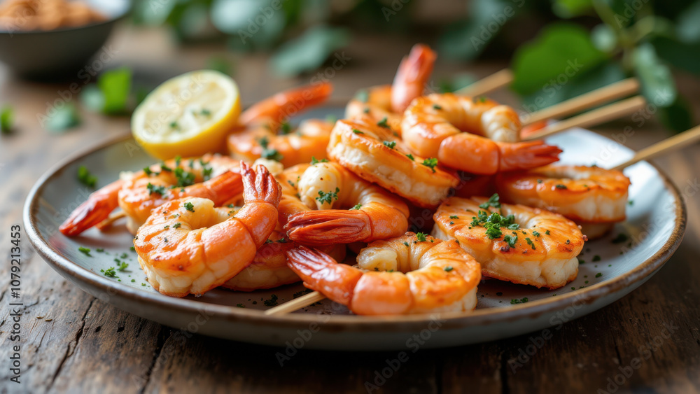 Juicy grilled shrimp on skewers served as a healthy and delicious meal. Juicy grilled shrimp on skewers served as a healthy and delicious meal.