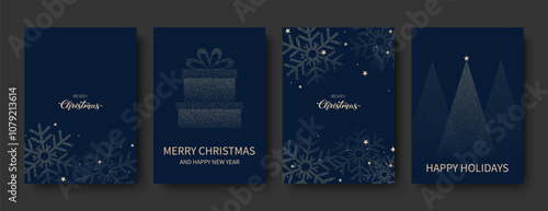 Set of Christmas and New Year cards. Vector illustration. Snowflakes, gifts and Christmas tree on a blue background. Vector illustrations for invitations, greetings, congratulations, covers.