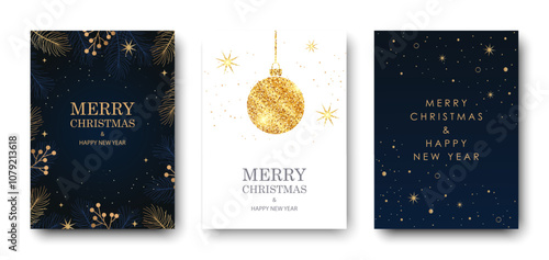 Merry Christmas and Happy New Year greeting card with golden shiny Christmas ball, fir tree branches and berries. Vector illustration.