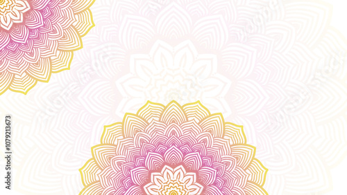 Round mandala on dreamy peach fuzz gradient background. Translucent mesh pattern in the form of a mandala. Mandala with floral patterns.Gradient background with round mandala.Vishal 