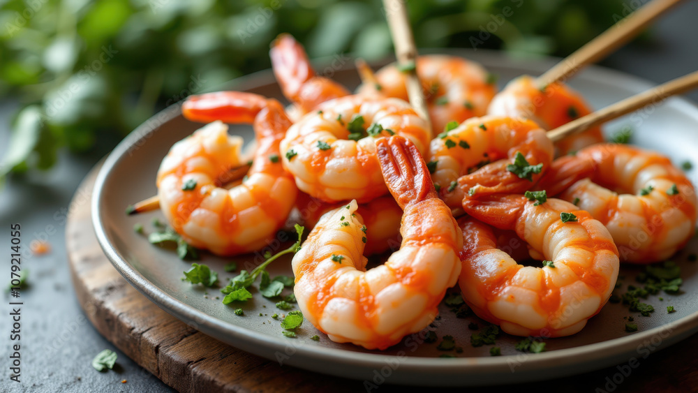 A platter of cooked shrimp with seasonings on a wooden table. A platter of cooked shrimp with seasonings on a wooden table.
