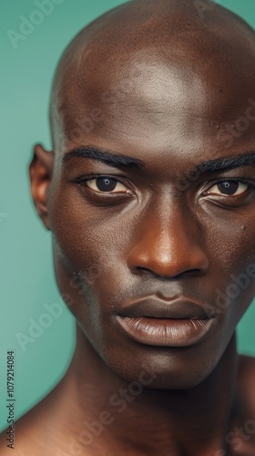 A man with a shaved head and a beard. He has a serious look on his face. The image is in black and white