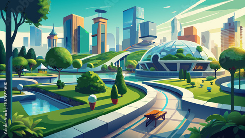 Futuristic urban park design with innovative green architecture in a cityscape