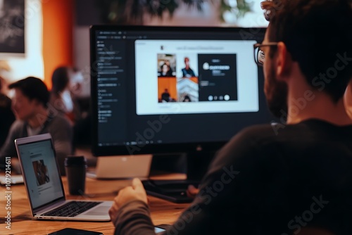 A professional giving an interactive online presentation with slides on a large screen, engaging a virtual audience