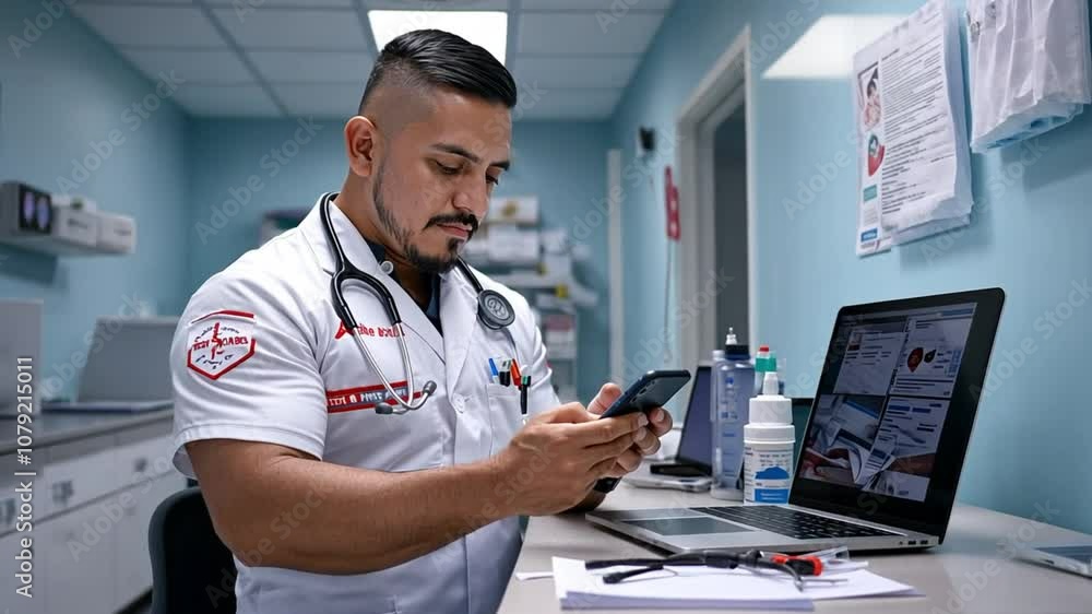 A healthcare professional using a smartphone in a medical office setting. A healthcare professional using a smartphone in a medical office setting.