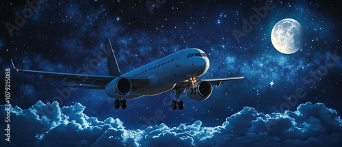 Airplane flying over clouds with stars and a moon in the night sky.