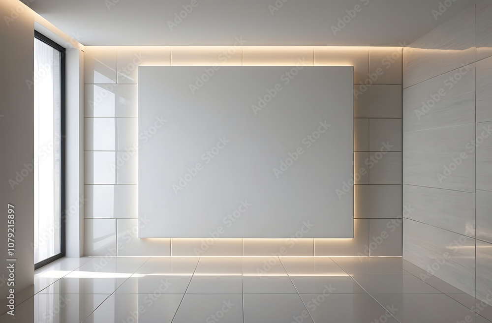 Blank canvas on tiled wall in modern empty room with light tiles. 3D Rendering Blank canvas on tiled wall in modern empty room with light tiles. 3D Rendering