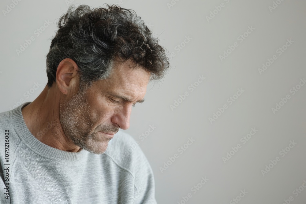 Obraz premium Man Looking Down in Thought Capturing Distinctive Moment and Expression