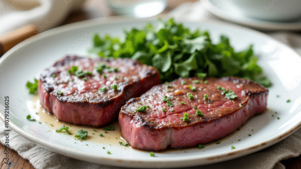 A plate with slices of medium rare steak garnished with parsley, sitting on a wooden tablecloth. A plate with slices of medium rare steak garnished with parsley, sitting on a wooden tablecloth.