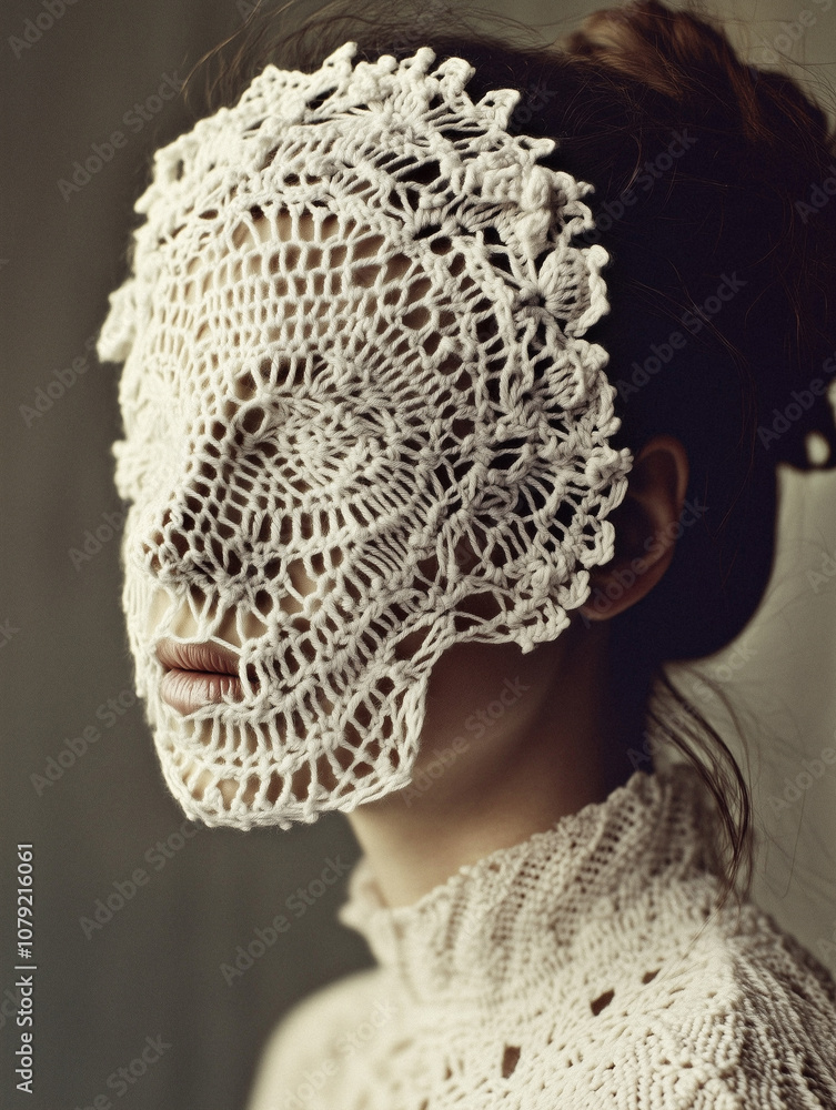 An extraordinary close-up portrait featuring a person adorned in intricate crochet artwork, blending traditional textile craftsmanship with contemporary art. An extraordinary close-up portrait featuring a person adorned in intricate crochet artwork, blending traditional textile craftsmanship with contemporary art.