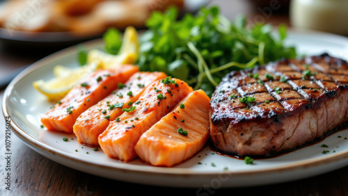 Plate of cooked steak with roasted carrots on a wooden table top, showcasing a meal suitable for carnivores.