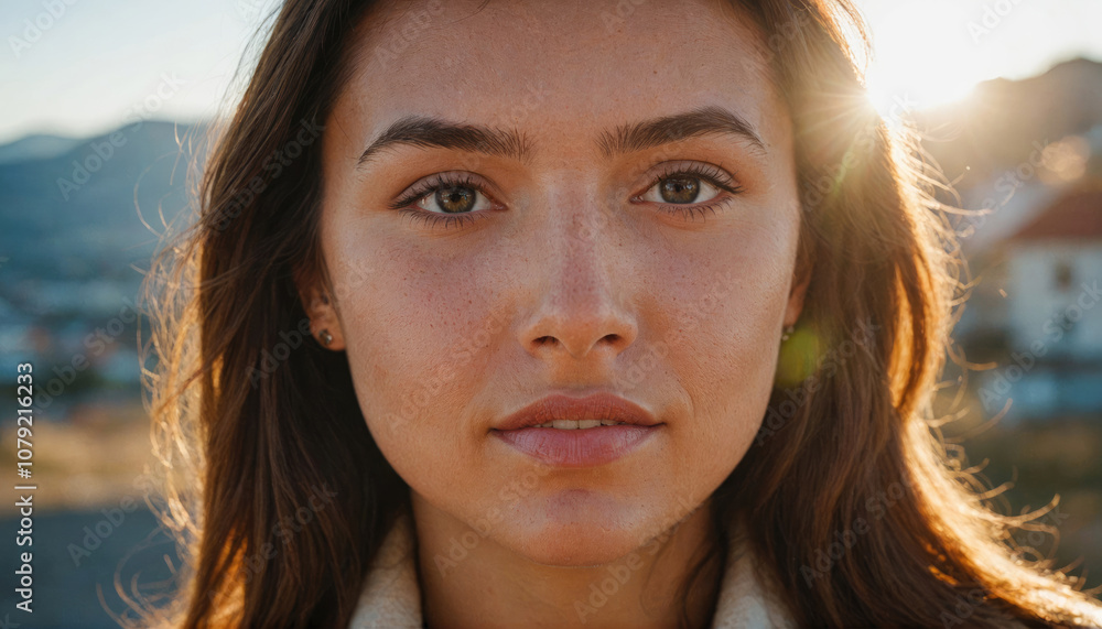 A woman with long brown hair looks directly at the camera in a close-up portrait A woman with long brown hair looks directly at the camera in a close-up portrait