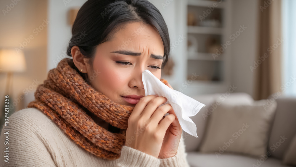 Sick woman with handkerchief in apartment, runny nose, seasonal cold Sick woman with handkerchief in apartment, runny nose, seasonal cold