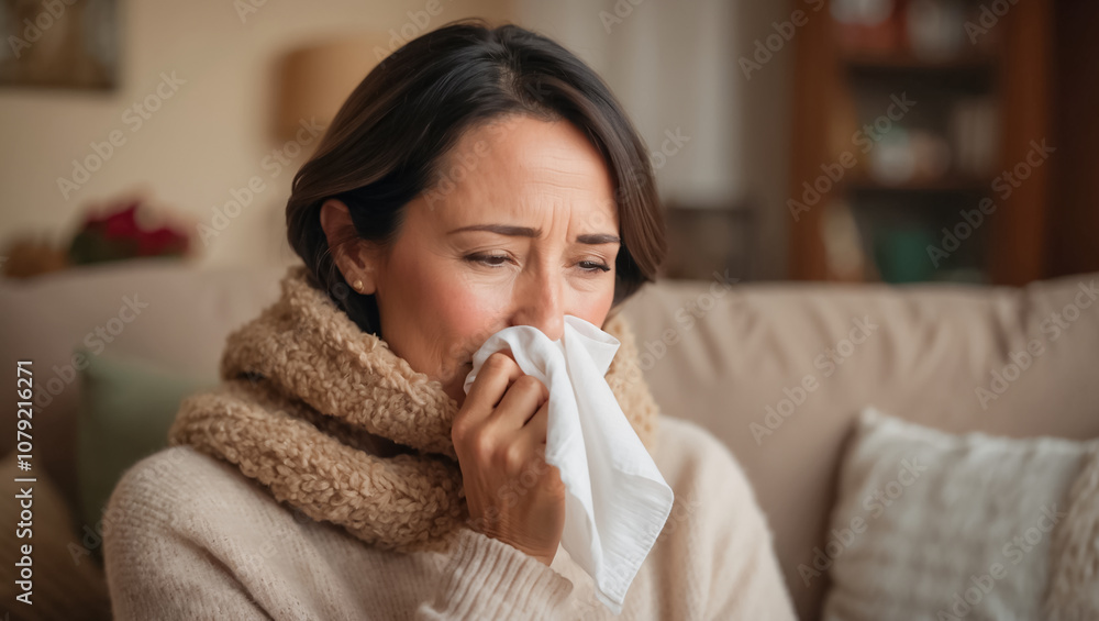 Sick woman with handkerchief in apartment, runny nose, seasonal cold Sick woman with handkerchief in apartment, runny nose, seasonal cold