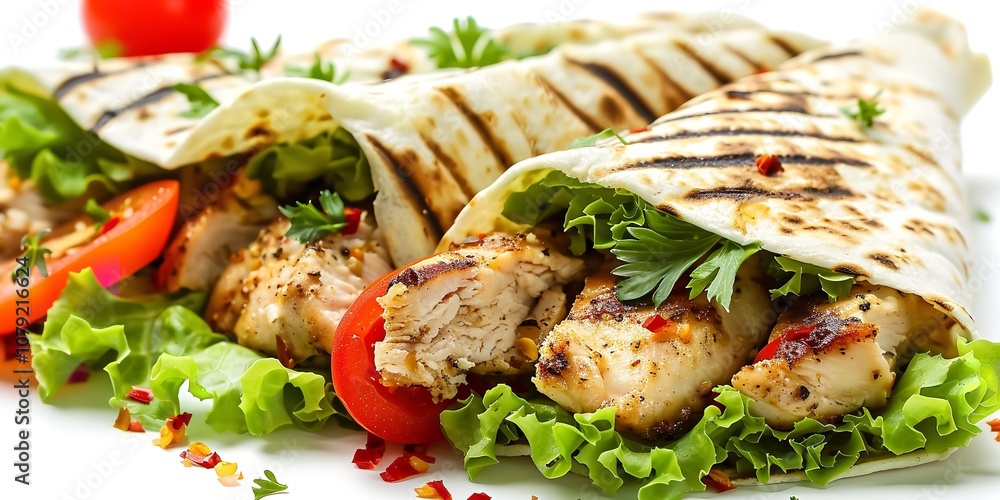 A white background with a chicken wrap, lettuce, and tomato. Side-on, isolated, Generative AI. A white background with a chicken wrap, lettuce, and tomato. Side-on, isolated, Generative AI.