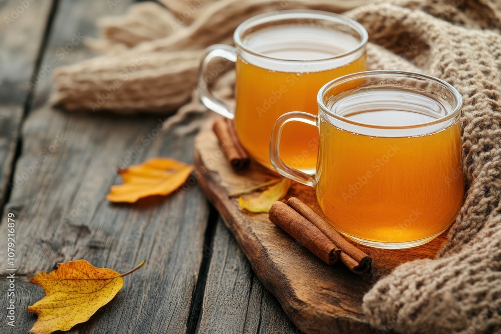 fall beverage, glass mugs of hot spiced cider on a wooden board, surrounded by autumn leaves and a wool scarf, with room for text