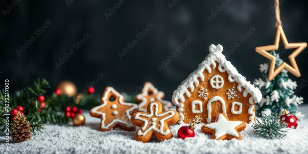 Assorted Christmas cookie ornaments arranged in a circle with empty space in the middle for text, sweet, festive Assorted Christmas cookie ornaments arranged in a circle with empty space in the middle for text, sweet, festive