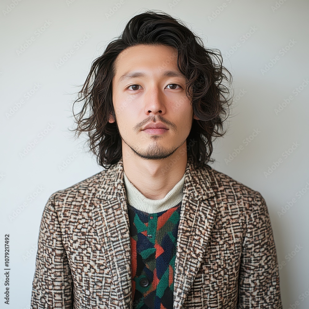 Fototapeta premium スタイリッシュな男性が独特なコーディネートでカメラを見つめるシンプルな背景のポートレート