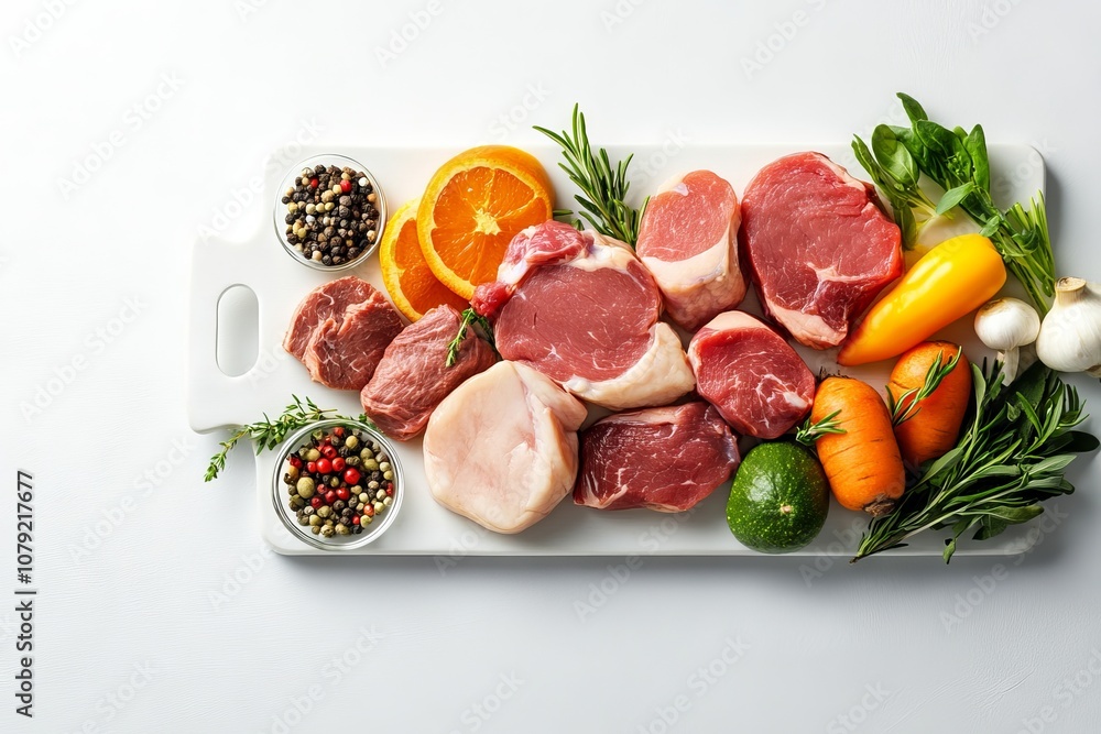 Assortment of Fresh Meat, Fruits, and Vegetables on a Cutting Board Assortment of Fresh Meat, Fruits, and Vegetables on a Cutting Board
