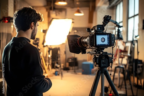 Commercial Shoot Preparation: Videographer Setting Up Camera and Lighting photo