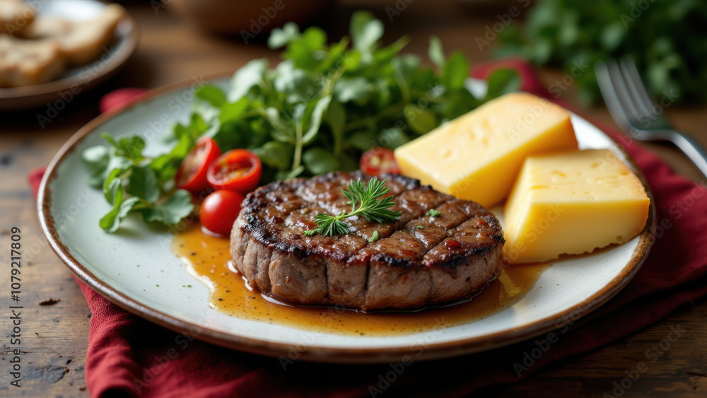 A juicy steak served on a plate with cheese and garnish, representing a delicious meal. A juicy steak served on a plate with cheese and garnish, representing a delicious meal.