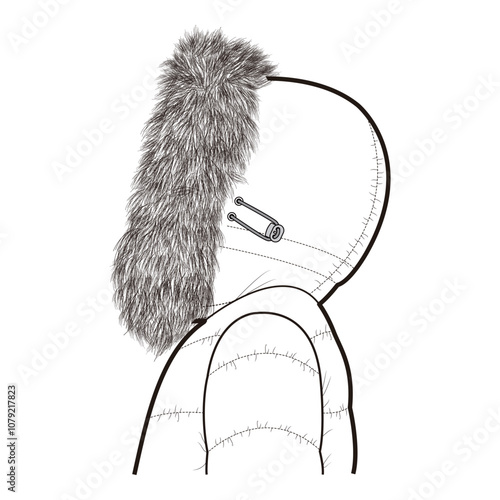 Detailed outline of side view of hood with faux fur trim attached to padded winter jacket.

