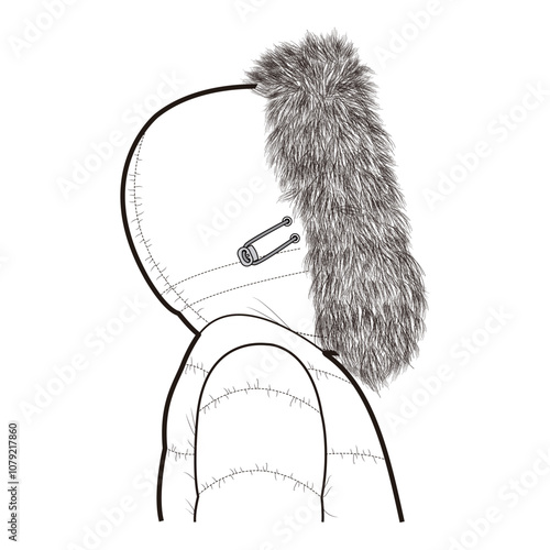 Detailed outline of side view of hood with faux fur trim attached to padded winter jacket.

