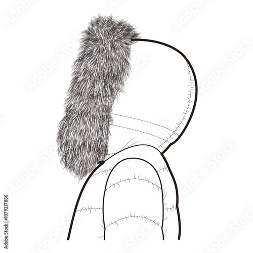 Side view of hood with faux fur trim, detailed outline style, attached to winter coat.

