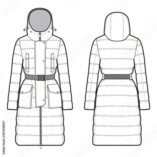 Detailed puffer coat with belted waist, hood, and button-up design, front and back views.


