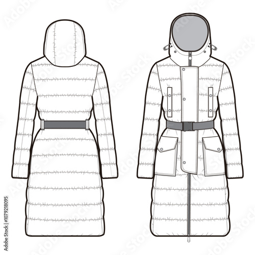 Long belted puffer coat with hood, front zipper, and multiple pockets, detailed outline.

