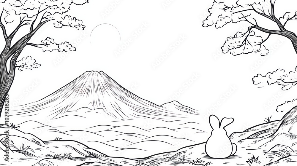 Fototapeta premium Japanese New Year Card for the Year of the Rabbit 2023, Simple line drawing of Mt Fuji and sunrise on the first day of the year stock illustration 