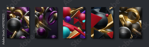 Abstract poster set with geometric 3d shapes. Placard for flyer design in vertical A4 format. Vector 3d illustration. Abstract 3d backgrounds. Abstract geometric art banner design