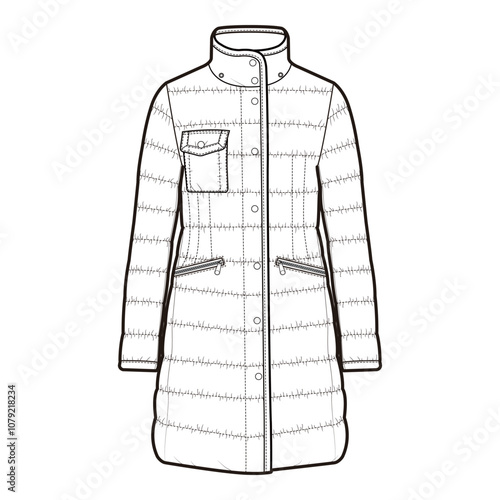 Detailed outline of long quilted coat with chest pocket, zippers, and button closure.

