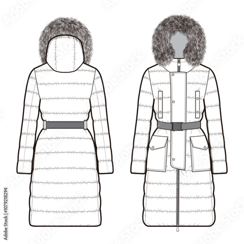 Outline of belted long puffer coat with hood and fur trim, front and back views.

