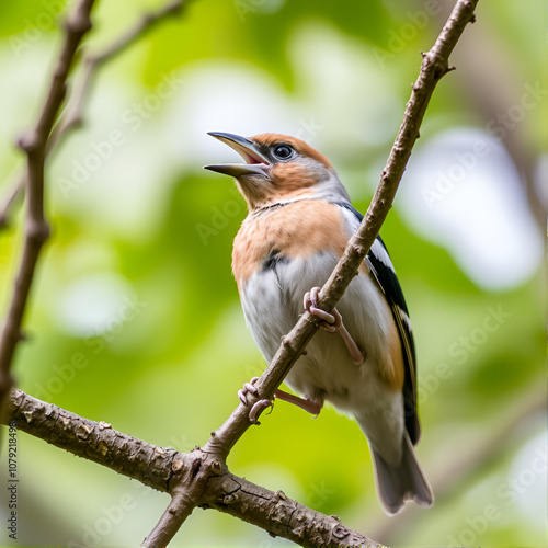 Male hawfinch sits curiously on a tree branch. Its large conical beak is open. photo