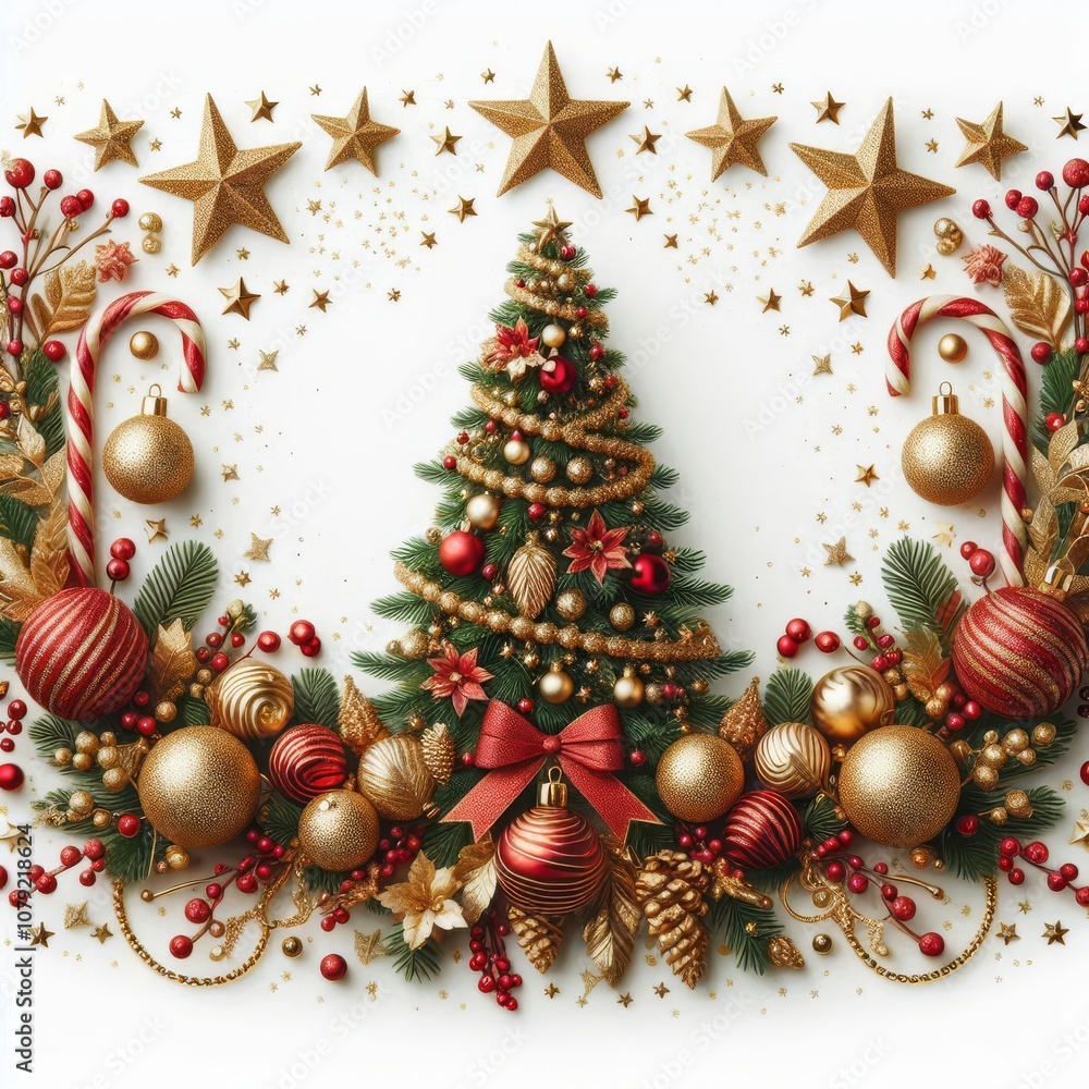 Christmas seamless decoration isolated on white background. Christmas tree border, frame. Gold and red glitter ornaments, stars. For holiday headers, banners, party posters
Christmas seamless decoration isolated on white background. Christmas tree border, frame. Gold and red glitter ornaments, stars. For holiday headers, banners, party posters
