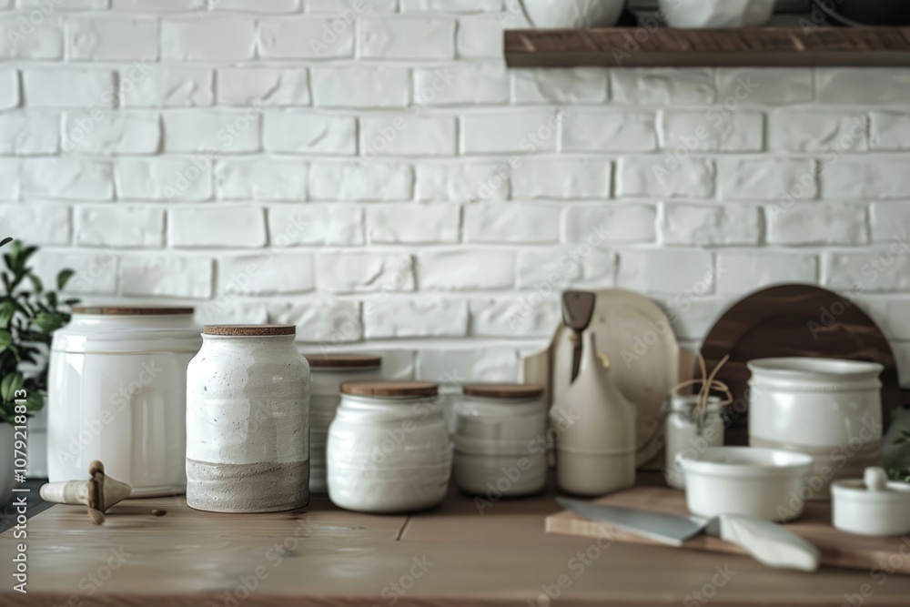 Eco friendly kitchen with ceramic jars and wooden table. Eco friendly kitchen with ceramic jars and wooden table.