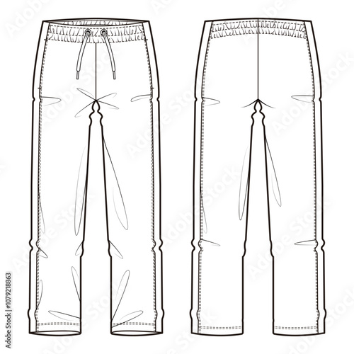 Outline of casual drawstring pants in front and back views, with stitching details.

