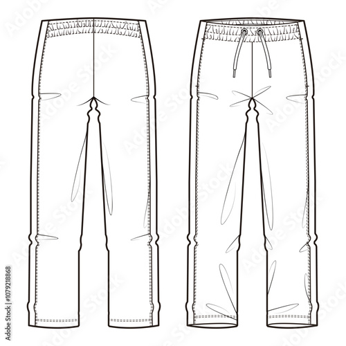 Casual pants with drawstring waist in outline, front and back views for detail.

