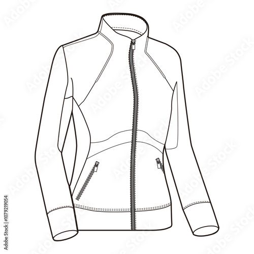 Streamlined zip-up jacket with high collar, pockets, and light detailing in outline.

