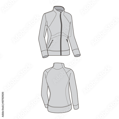 Light athletic zip-up jacket with side pockets and high collar in outline style, front and back views.


