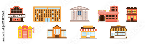 City House and Street Building Facade Vector Set