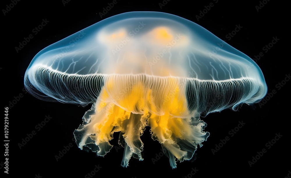 Fototapeta premium 海の中を漂う美しいクラゲの生態と特徴を詳細に示した画像、神秘的な姿が際立つ瞬間を捉えています。