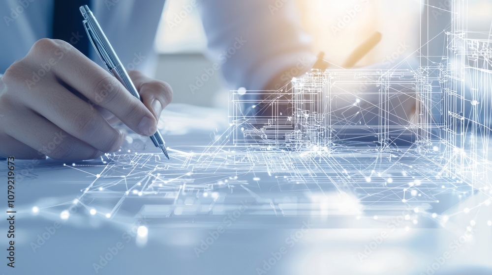 Forward Thinking Engineers Collaborating on Blueprints in Modern Office Space, Embodying Innovation in American Manufacturing Forward Thinking Engineers Collaborating on Blueprints in Modern Office Space, Embodying Innovation in American Manufacturing