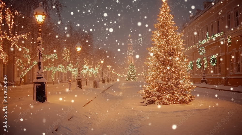 Long banner of white snowy Christmas tree background outdoor, lights bokeh around, and snow falling, Christmas atmosphere Long banner of white snowy Christmas tree background outdoor, lights bokeh around, and snow falling, Christmas atmosphere